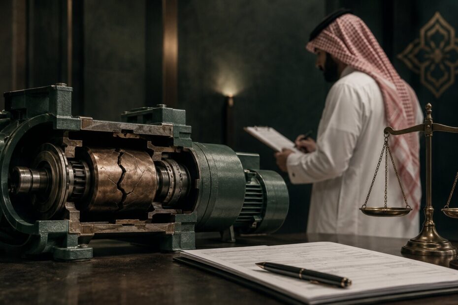 مهندس يفحص آلة صناعية مع ملف عقد بيع في السعودية